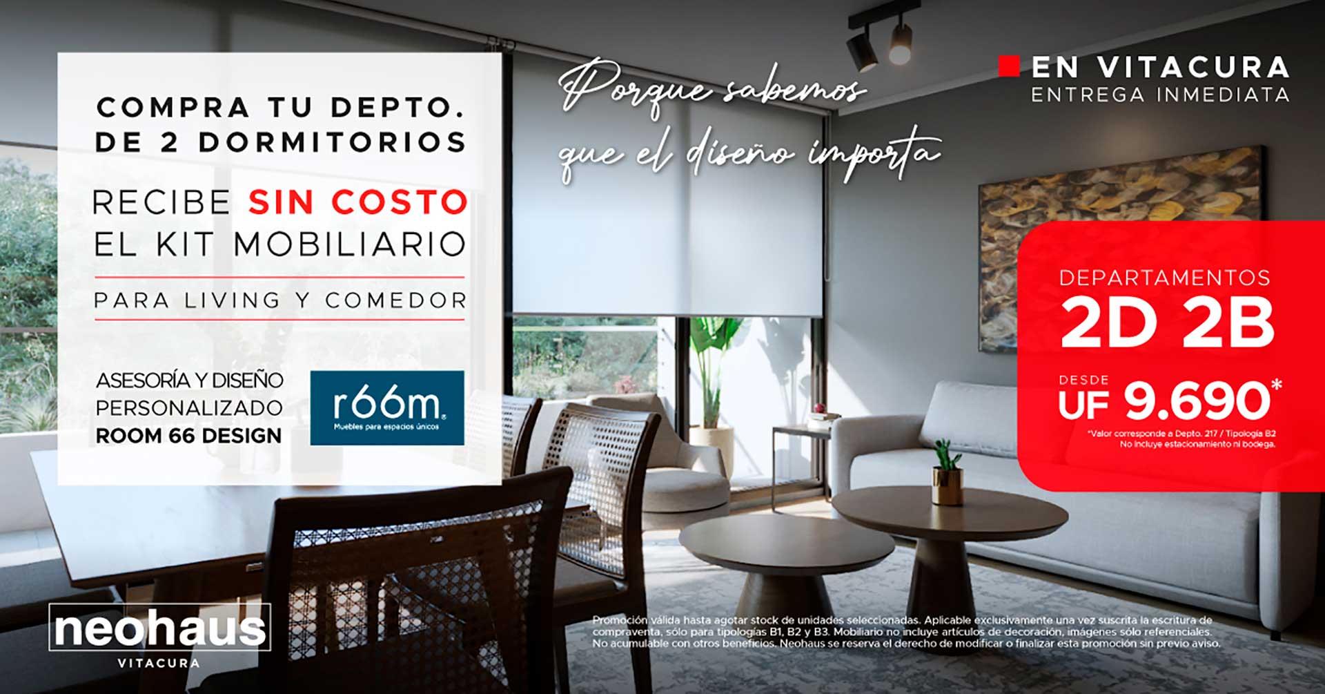 Neohaus Vitacura y Room66 Design: tu departamento de 2 dormitorios listo para disfrutar desde el primer día